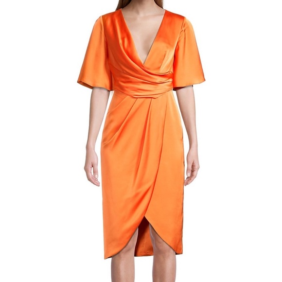 Fame and partners zhara satin midi dress flowy sleeve deep v wrap - Picture 5 of 5